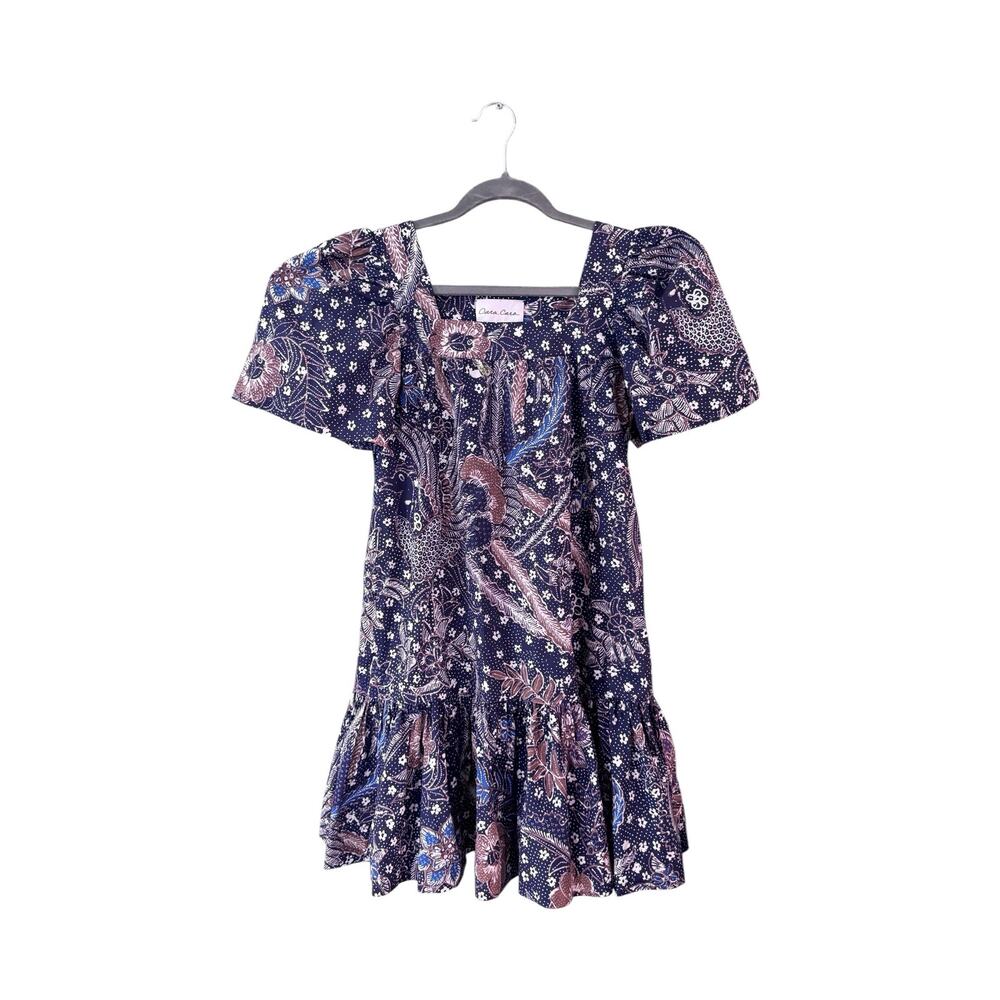 CARA CARA Janie Printed Cotton Mini Dress Size XS Puff Sleeves Square Neck Batik - Picture 2 of 10
